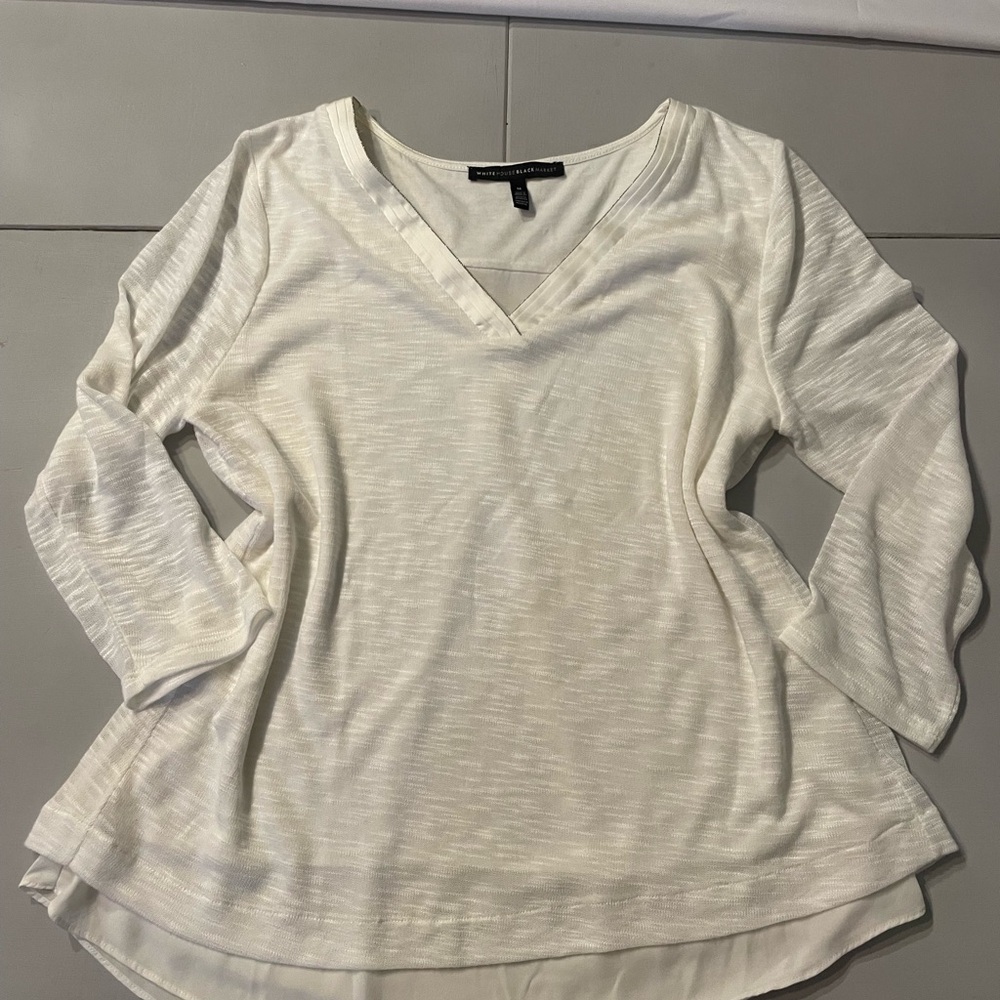 White House Black Market Cream V-Neck Blouse medium 3/4 sleeve